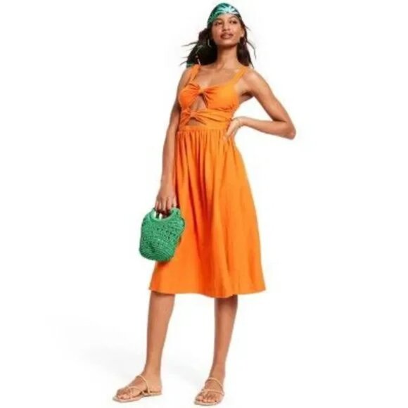 EUC Fe Noel x Target Orange Double Cut-Out Linen Blend Sleeveless Midi-Dress - Picture 1 of 11